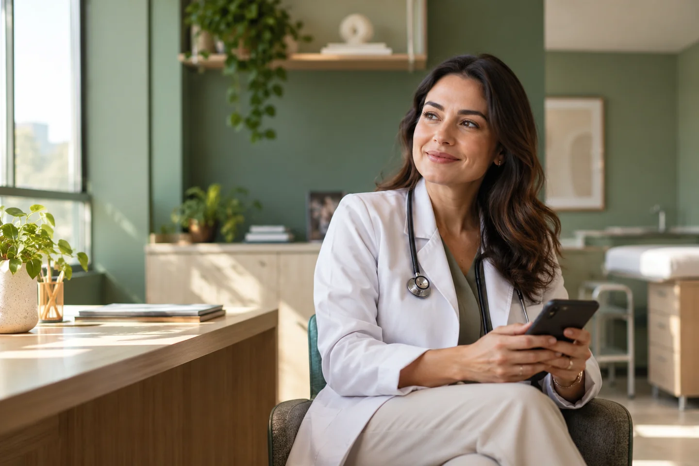 Médica em consultório acolhedor utilizando o celular; imagem ilustrativa