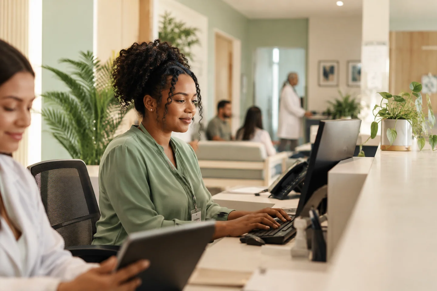 Recepcionista de clínica atendendo com computador; imagem ilustrativa